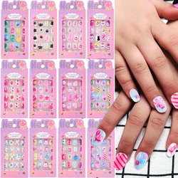 3-14Year Cartoon Children Acrylic Fake Nail Colorful Cute Pink Cat/Pig/Rainbow Nail Tips With File+Jelly Gel Girl Nail Tips Set