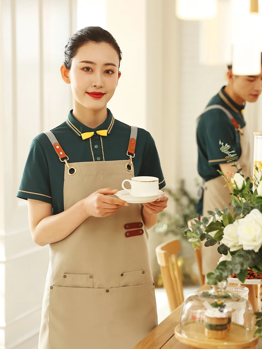 

Fast Food Restaurant Work Clothes Short-sleeved Catering Waitress Shirt Apron Set Hot Pot Barbecue Shop Waiter Workwear Hotel