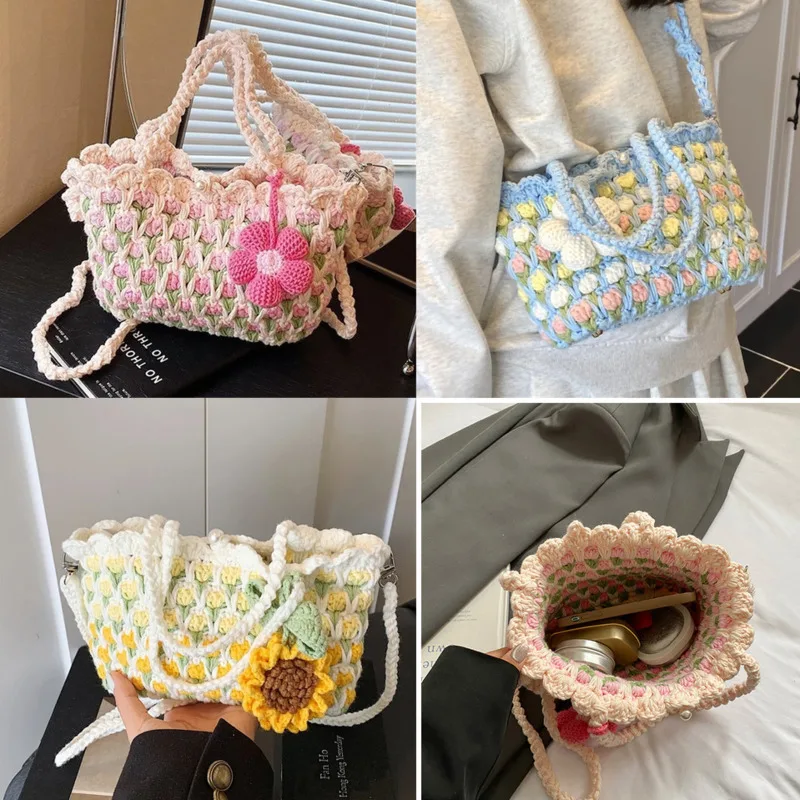 

Handmade Cute Pink Tulip Flower Crochet Crossbody Bag Mini Woven Two Way Carry Shoulder Bag For Women Valentine Birthday Gift