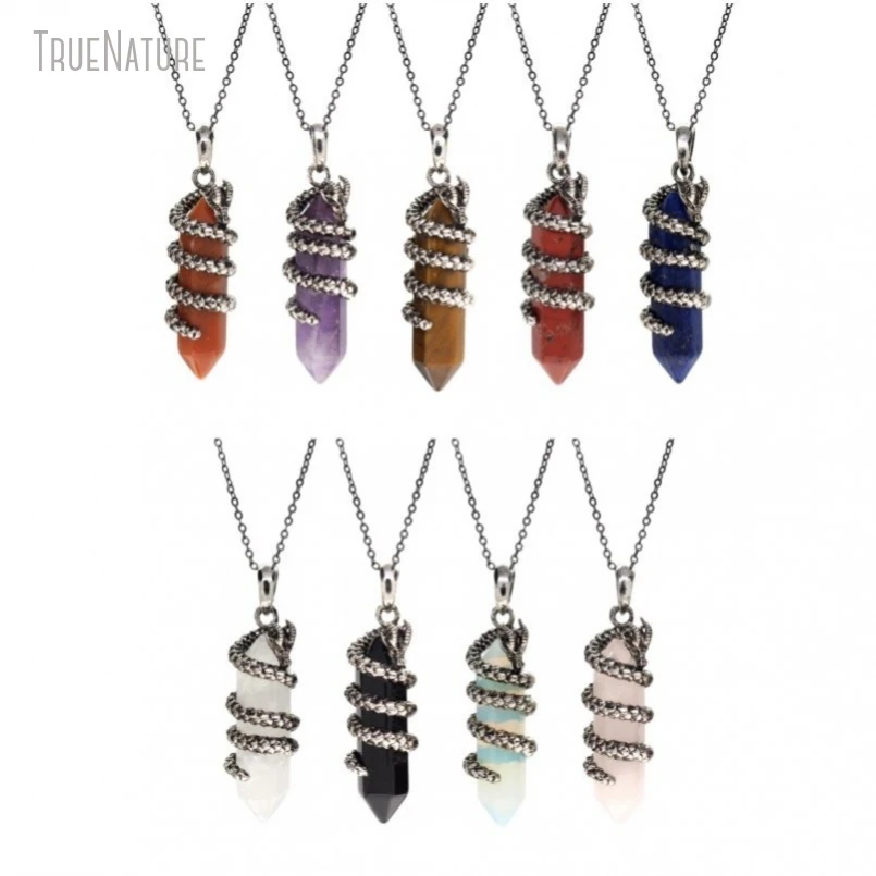 1Pcs Chain Double Terminated Point Hexagon Dragon Antique Silver Color Clear Crystal Tiger Eye Stone Opal Necklace NM48280