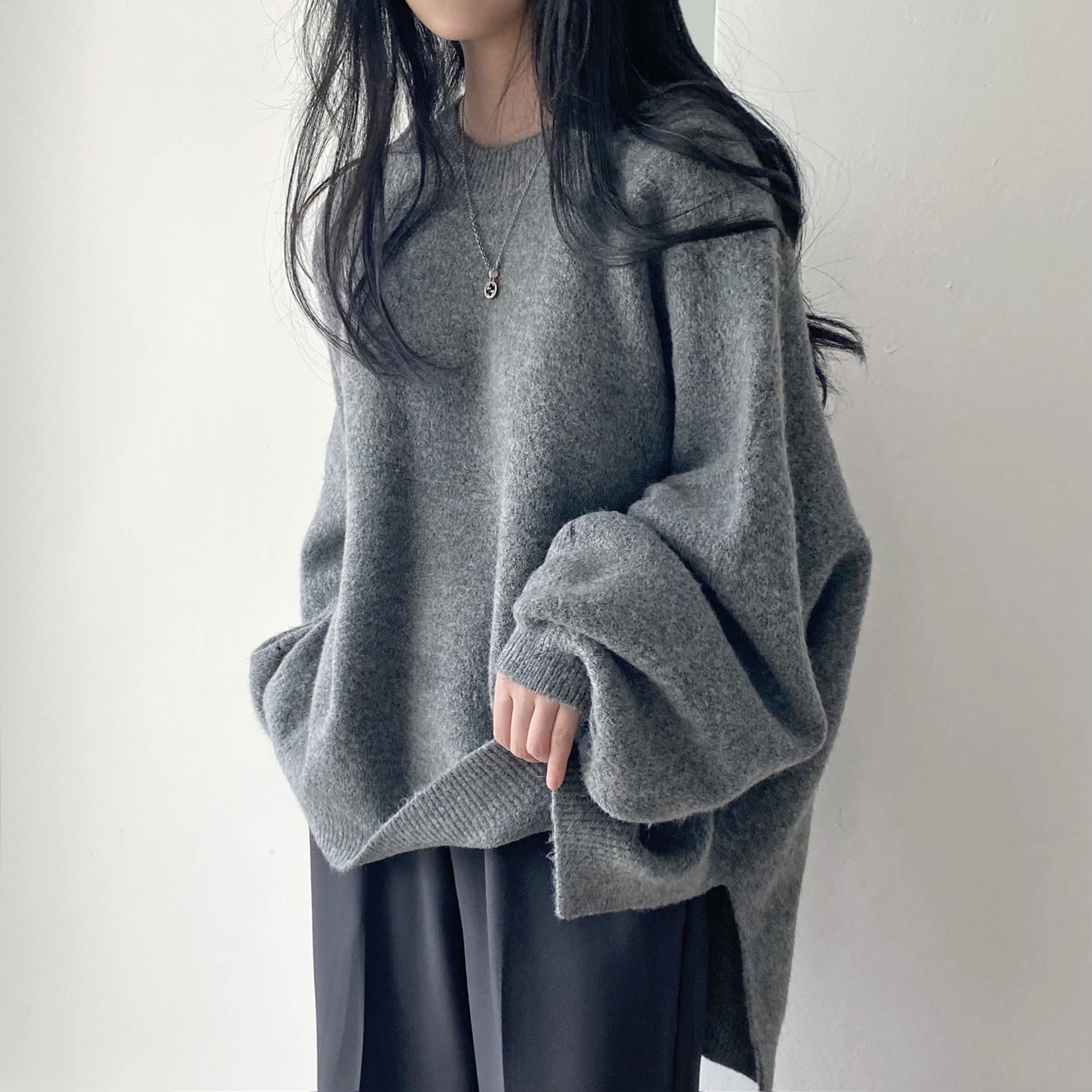 

Women's Korean Sle Knitted Sweater round Ne Thi Long Sve Mid-Length Loose Fit Pure Color Overhead Thi Bot Split