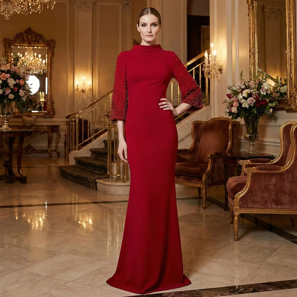 

Evening Dress High Collar Pearls Three Quarter Sleeves Mermaid Evening Gowns for Women Trumpet Luxurious Wedding Guess Dresses