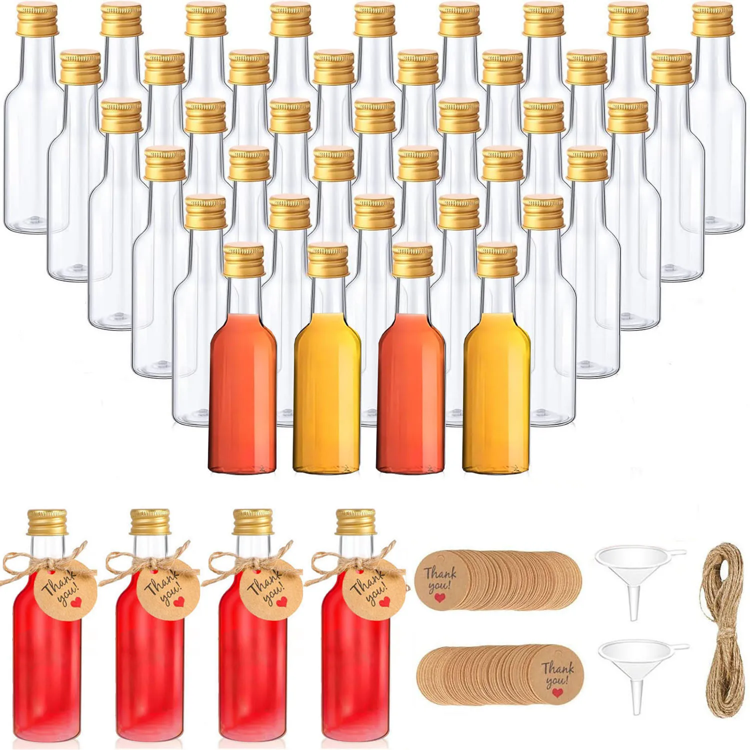 22 mini botellas de licor, botella de plástico pequeña con tapas. Para mezclas de cócteles, vinos, aceites esenciales, lociones, jugos, condimentos.