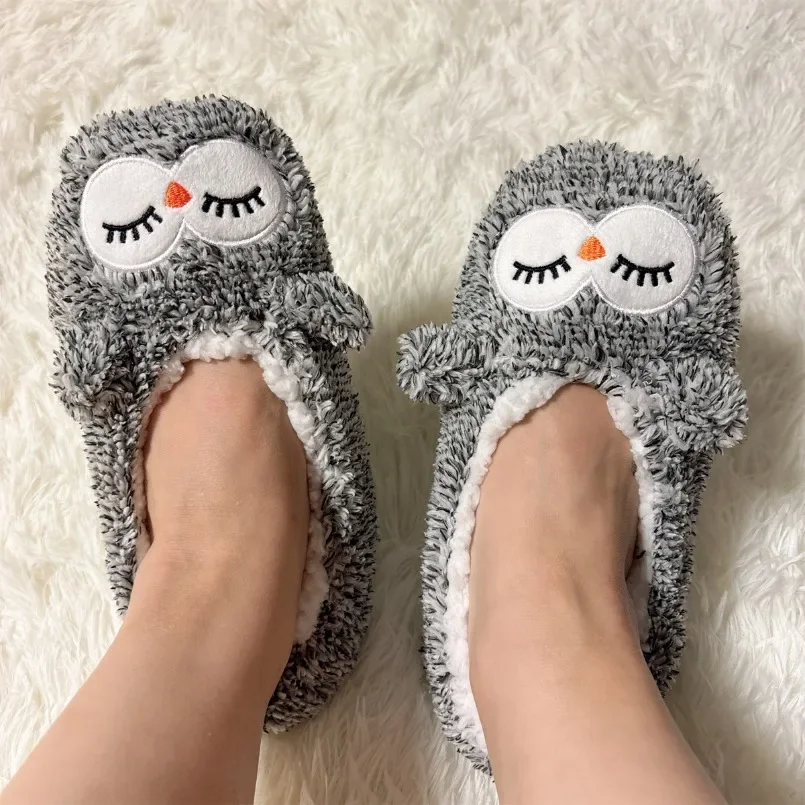 

House Fuzzy Slipper Women Cat Penguin Winter Contton Warm Plush Non Slip Grip Indoor Fluffy Lazy Female Embroidery Floor Shoe