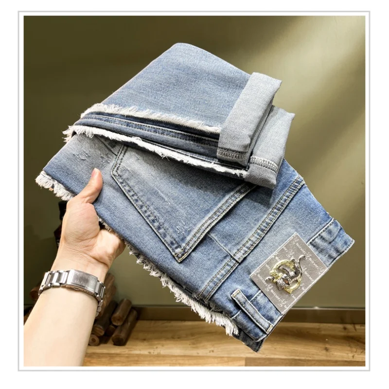 High-end Personality Splicing Raw Edge Hole Men's Jeans Influx Of Elastic Slim Embroidery Patches Small Leg Pants