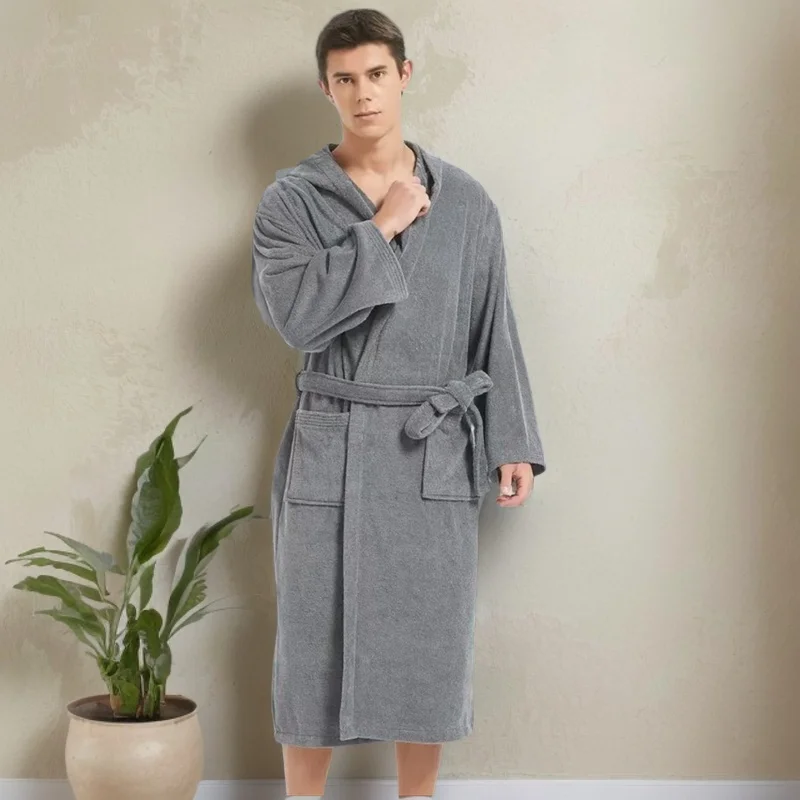 Cotton Bathrobe for Men Spring Hotel Home Women  Hooded Terry Towel Robes Male Solid Extended Long Warm Dressing Gown