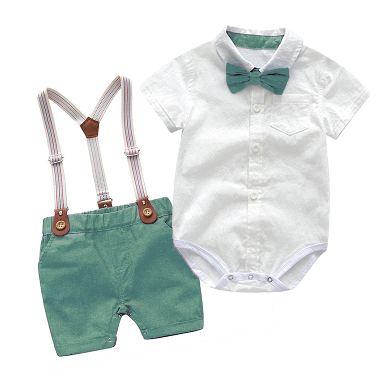 0-3Y Newborn Baby Boy Gentleman Outfits Short Sleeve Shirts Romper Overalls Shorts Infant Summer Boys Clothes Formal Suits 2Pcs