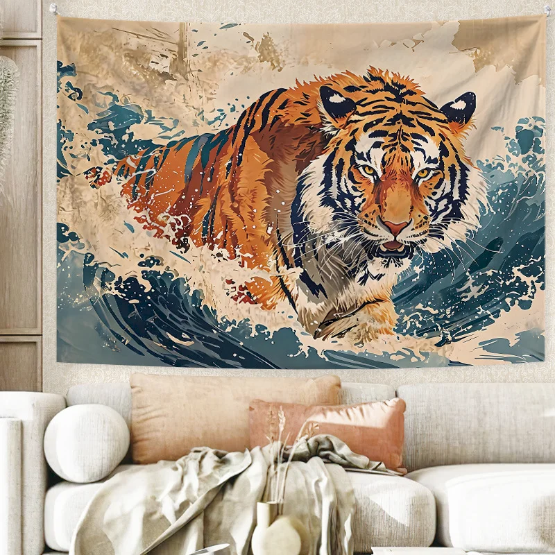 VIKAMA Tiger Wave Tapestry, Japanese Ink Ukiyo-e Wall Hanging Home Decor, Boho Aesthetic Living Rooms Tapestry