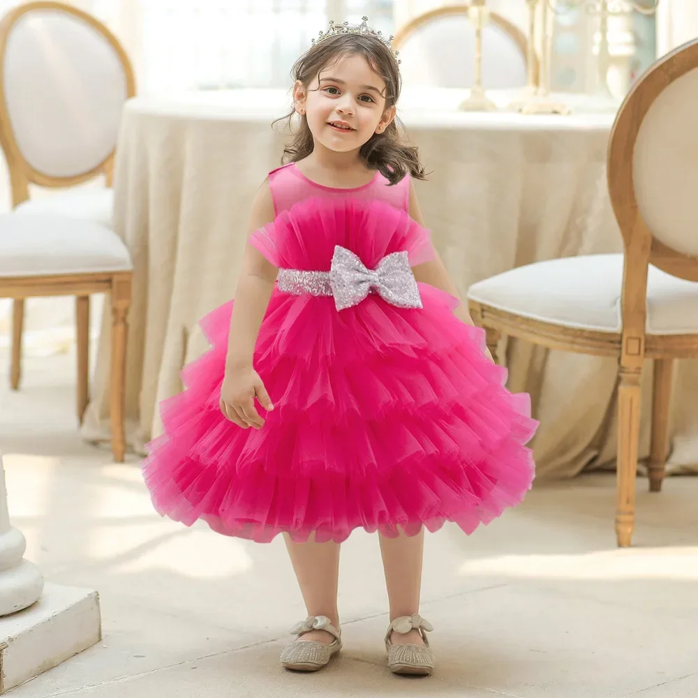 Baby Summer Dress 1 Year Puffy Pink Kids Bow Christening Princess Brithday Vestidos Toddler Children Baptism Baby Girl Clothes