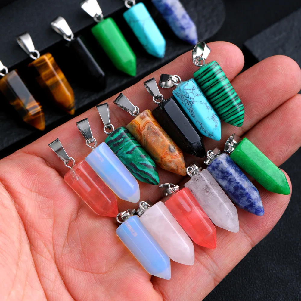 

50pcs Hexagon Point Natural Stone Rose Quartz Tiger Eye Agate Bullet Pendant Charms for Jewelry Making Keychain Necklace Acc