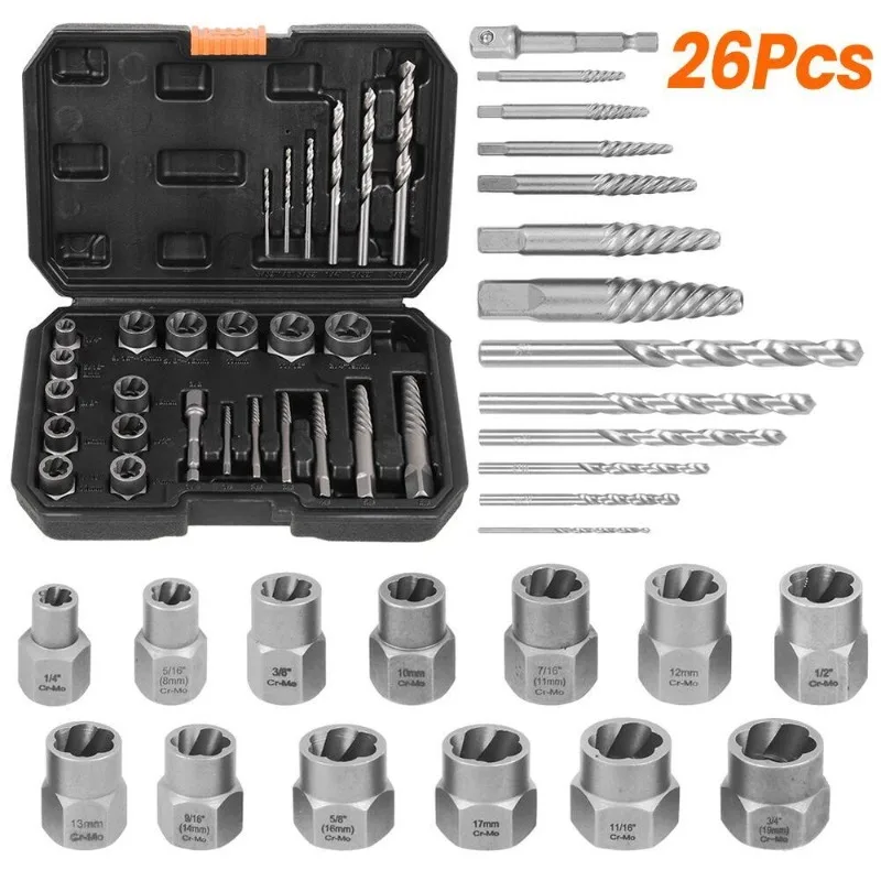 

26PC Broken Nut Bolt Extractor Socket Head To Take Hexagonal Screw Tool Screws Remover Threading Tool Kit Nuts Set