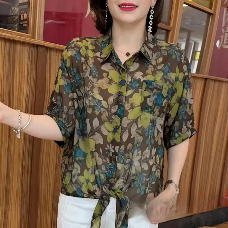 2024 Summer Western Style Shirt with Feminine Style Featuring a Lapel Design and a Drawstring Pattern for Sun Protection Tops