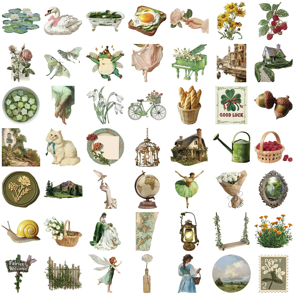 10/30/50pcs American Retro Cute Ins Green Stickers Pastoral Style DIY Decoration Phone Notebook Bike Suitcase Car Kids Toys Gift