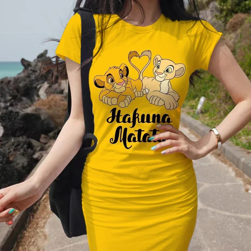 Summer Cartoon Disney Women\'s Lion King Printed Dress Summer Tight Short Sleeve Bag Hip Skirt Sexy Fashion Summer Slimming Dress