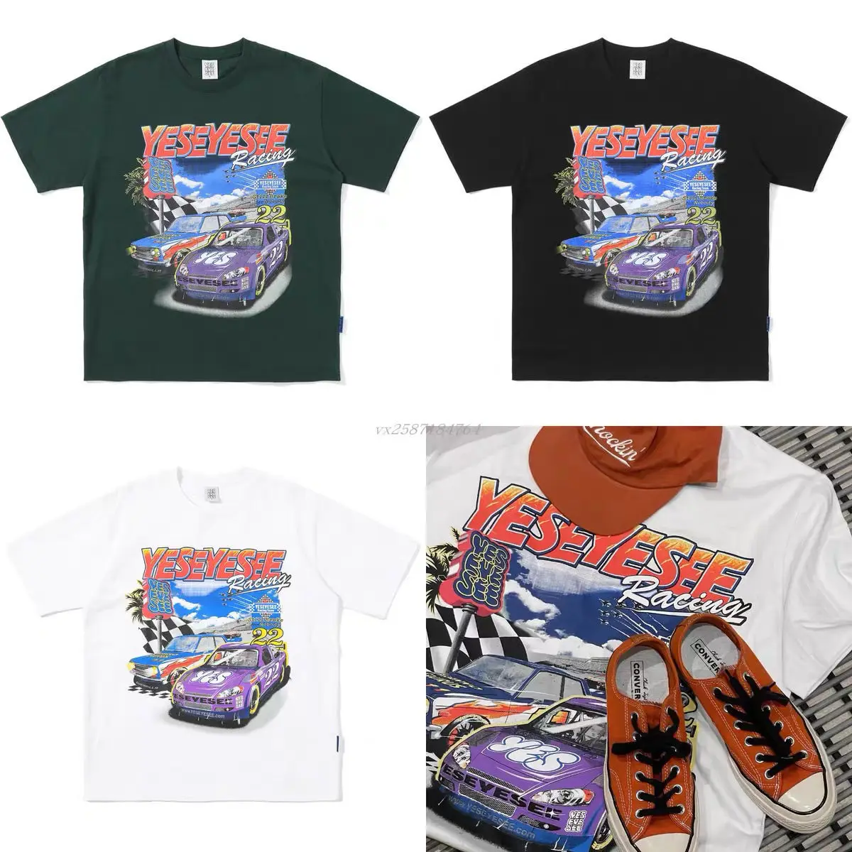 

American Trendy Brand Men's and Women's Racing Printed Top T-shirt Street Summer Half-sleeve Loose Pure Cotton Heavy T-shirt