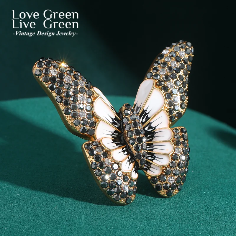 

52mm Big Black Vintage Rings Rhinestones Butterfly Jewelry Charms Luxury Designer Woman Mothers Day Gift Accessories 2025