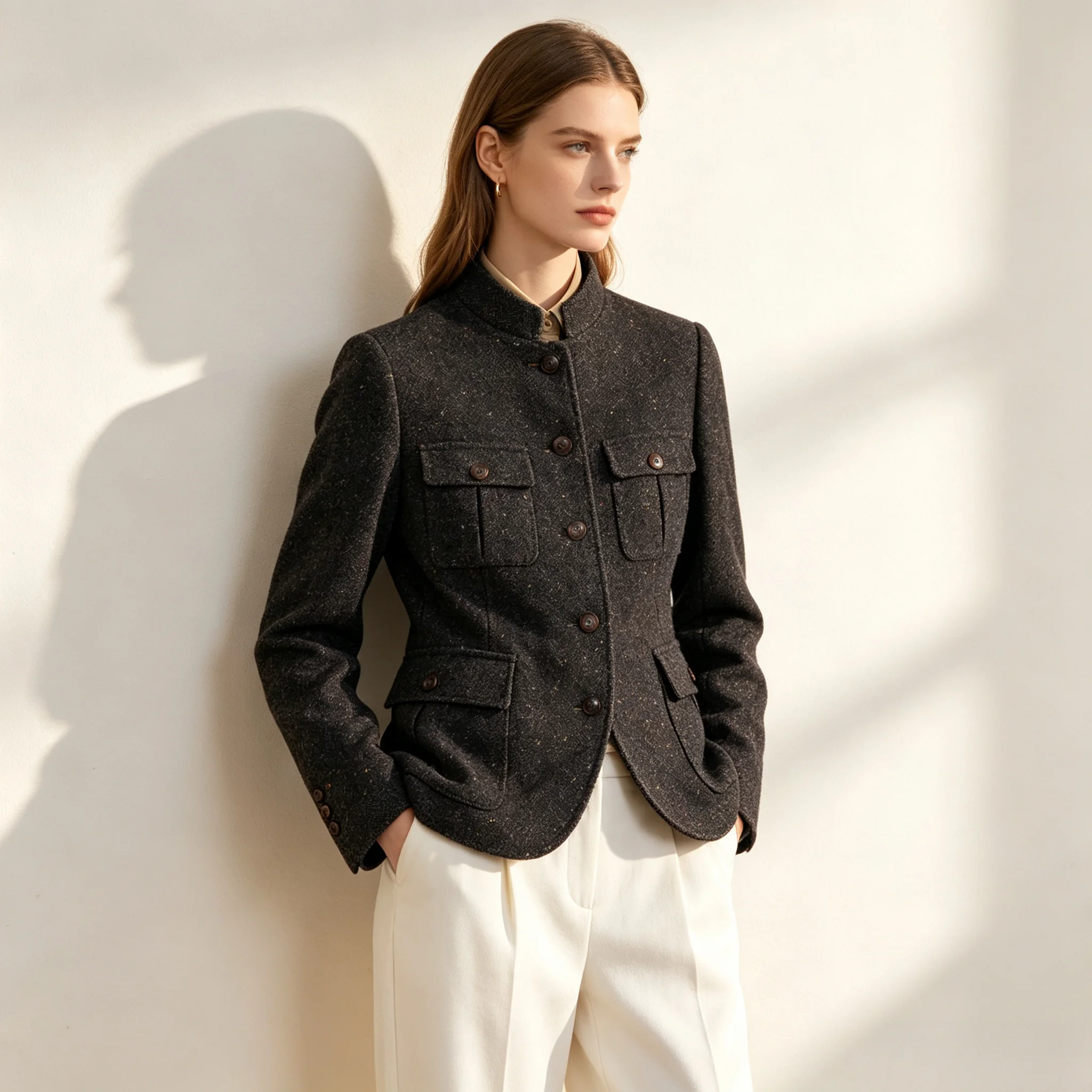 Women's Wool Jacket Gray 2026 Fashion Luxury  Pockets Button Short Coat Versatile Work Wear Elegant Single-breasted Overcoat