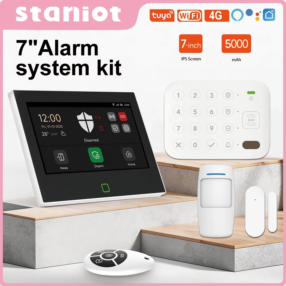 Staniot 7 Zoll Smart Home Sicherheitsalarmsystem 4G WiFi Touchscreen Eingebauter 5000mAh Akku Tuya Drahtloser Sicherheitsschutz