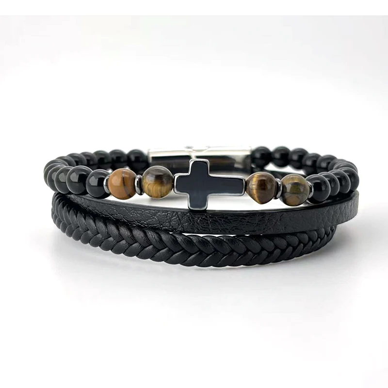 Multi-layer beads 19,21,23cm Size Choose Leather Stainless Steel Magnetic Buckle Men Women Leather Fashion Charm Bracelet