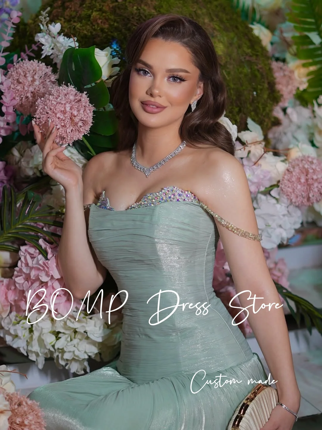 BOMP Sparkly Saliegroene Avondjurk Sweetheart Kleurrijke Kristallen A-lijn Amerikaanse Vrouw Prom Gown Bruiloft Jurken Aangepast