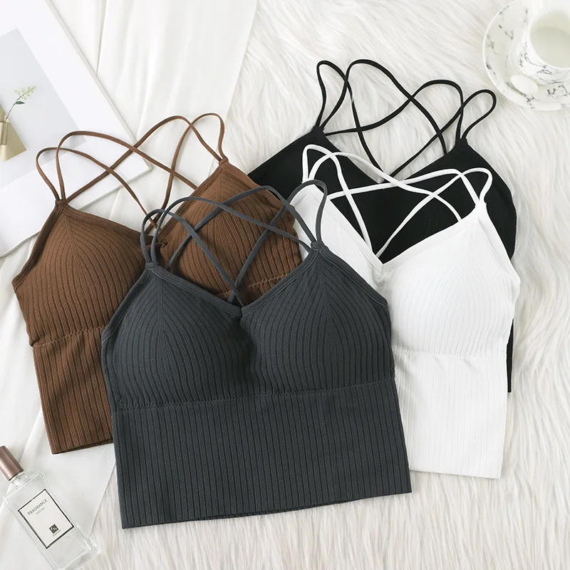 New V-neck Sexy Crop Tops Women With Bra Knitwear Camis Tanks Woman Backless Double 2 Straps T-shirt Cross Kpop Tee Shirt