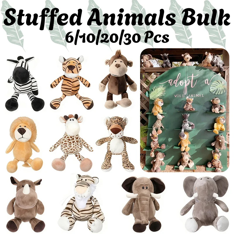 

6-30Pcs Safari Stuffed Animals Bulk Plush Jungle Themed Animal For Party Favors Birthday Gift Baby Shower Adopt Animals