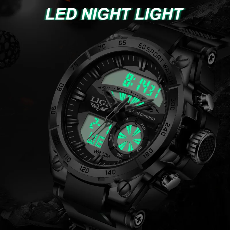 LIGE Fashion Top Brand Sports Dual Display Watch For Men 50M Waterproof Quartz Military Watches Alarm Clock Relogios Masculino