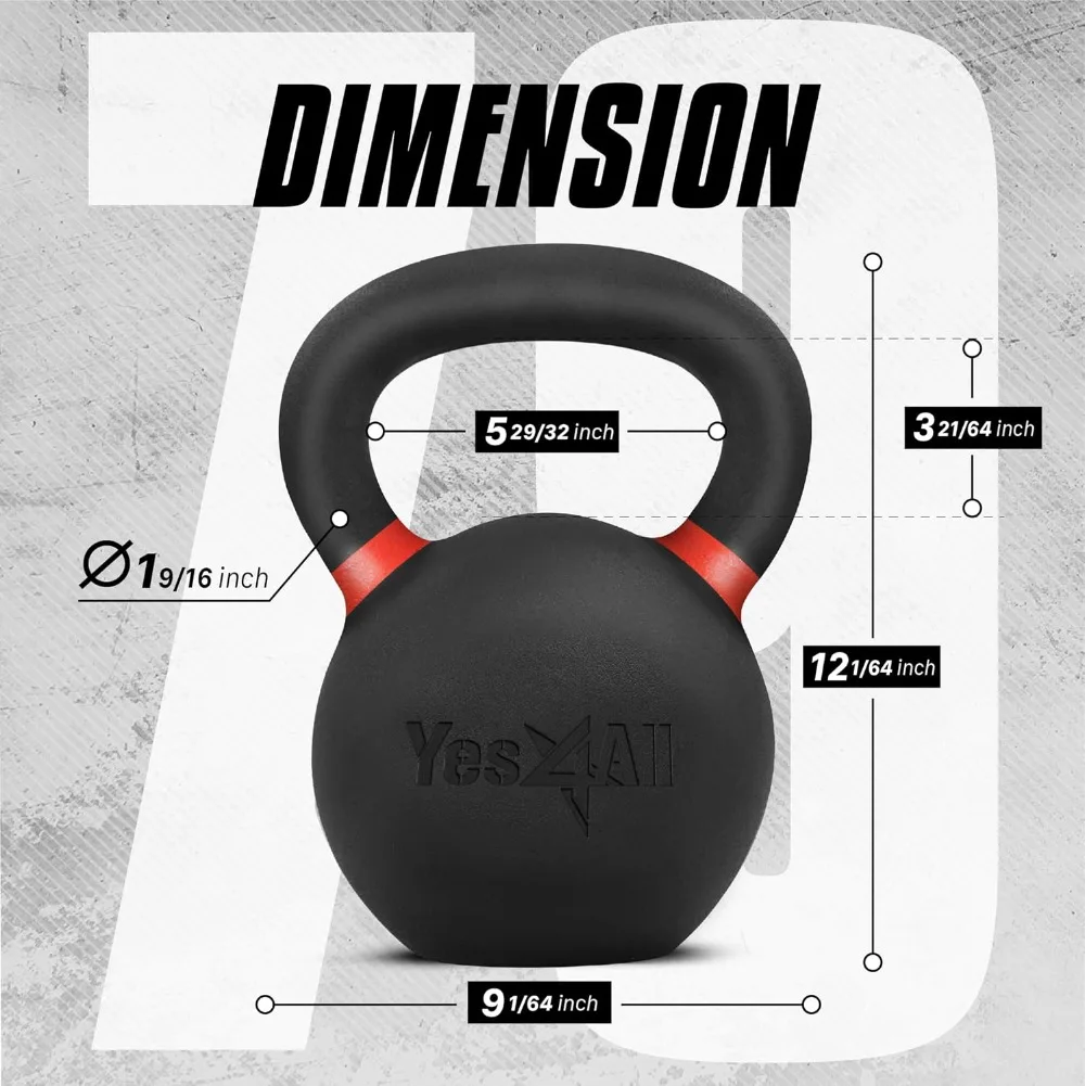 Powder Coated Cast Iron Kettlebell, Non-Slip Handle, Flat Bottom, 9-71lb Single/Pair