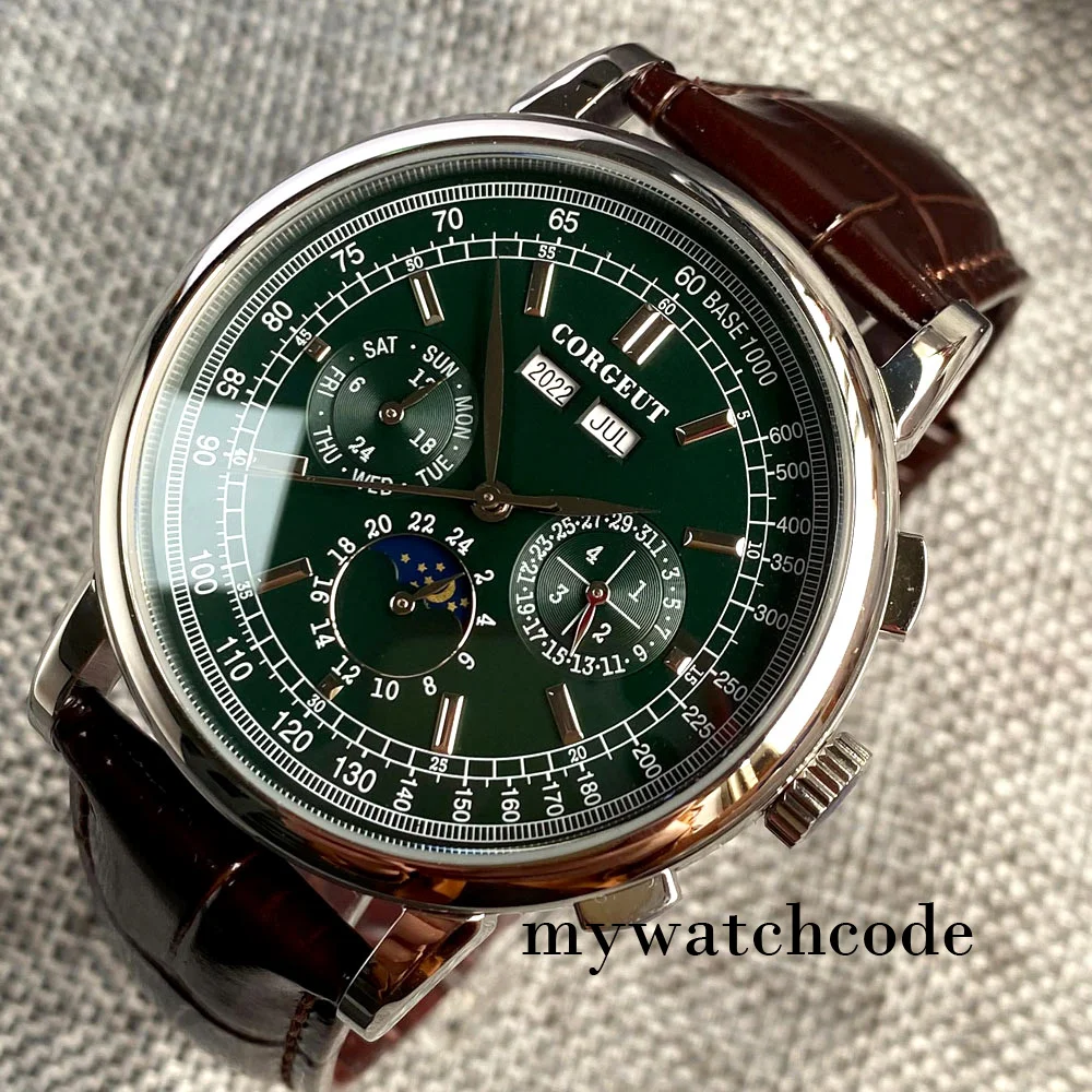 Corgeut zielony/różowy/biały/czarny/niebieski 42mm wielofunkcyjny ST1655 polerowany automatyczny zegarek męski skórzany pasek