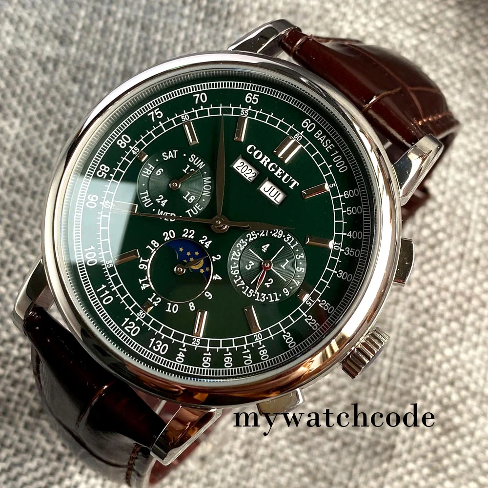 Corgeut-Montre-bracelet automatique multifonctionnelle ST1655 pour homme, bracelet en cuir poli, vert, rose, blanc, noir, bleu, 42mm
