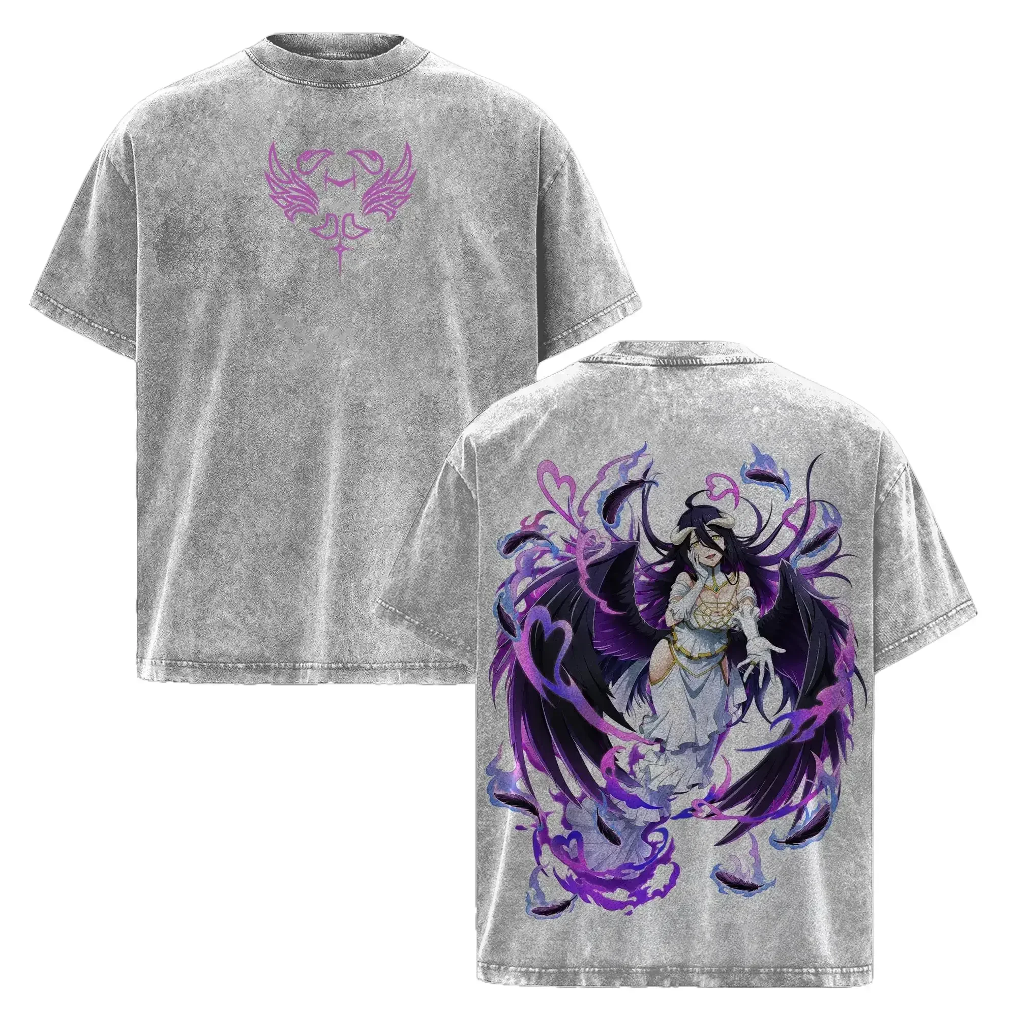 Anime Overlord Albedo Retro T Shirt Harajuku Vintage Washed T-shirt Men Women Clothing Casual Oversized 100% Cotton Tees Clothes