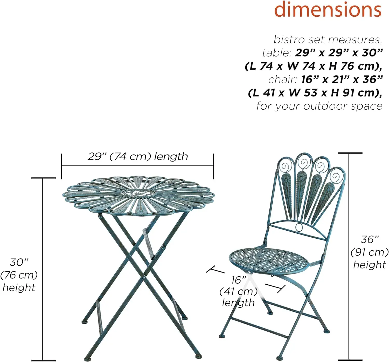 Alpine-Pavão Pena Pátio Assentos Set, Rústico Metal Bistro Set, interior e exterior, Luz Azul, 3 PCs
