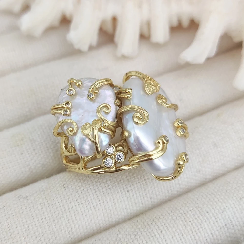 تصميم فاخر غير منتظم لؤلؤة عملة خاتم حفلة موسيقية للنساء قابل للتعديل بيان مطلية بالذهب خواتم إصبع معدنية كبيرة مجوهرات الحفلات #3