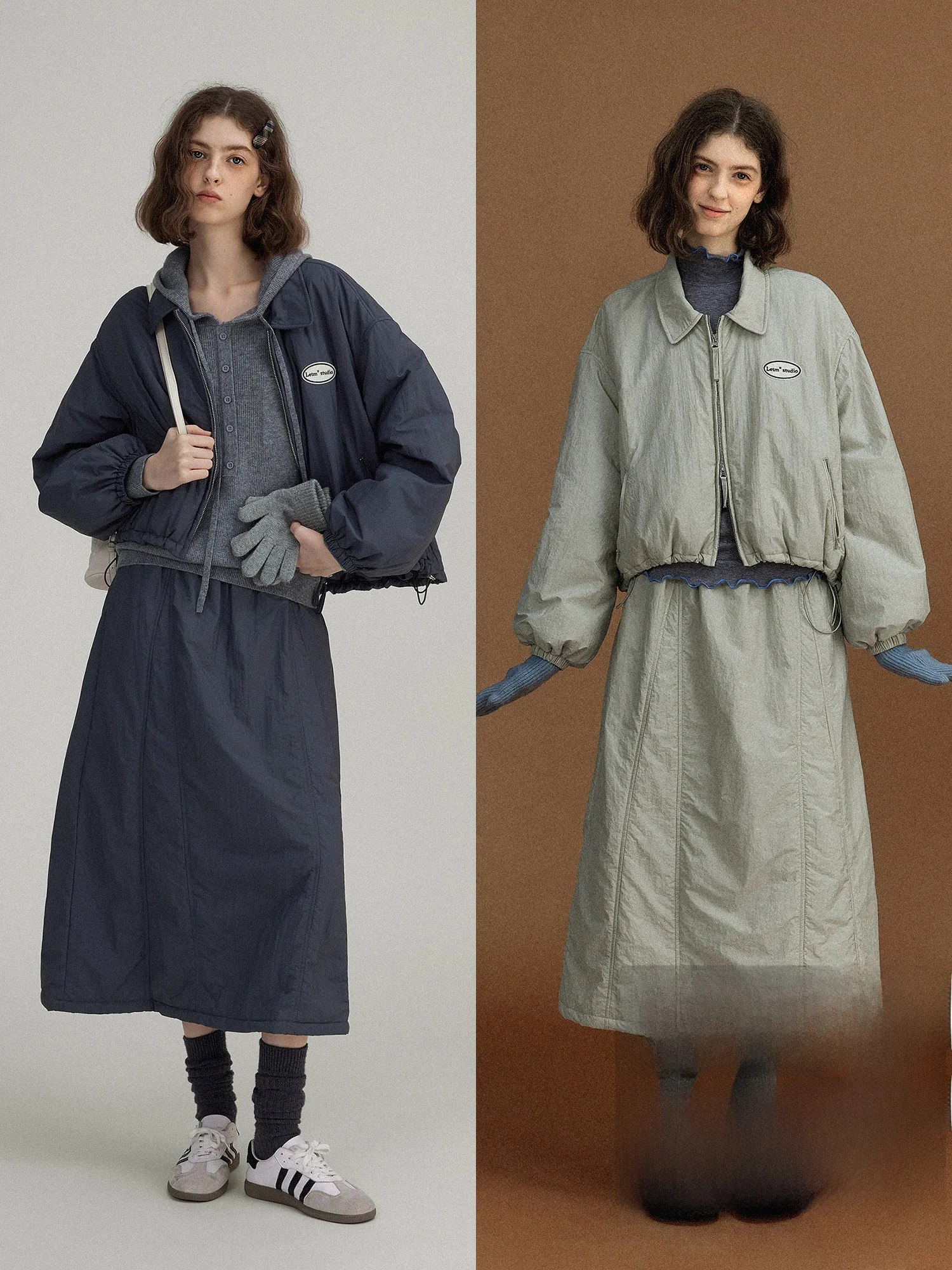 

Комплект: легкая куртка в скандинавском ретро-стиле с плиссированным подолом и двойной молнией, а также юбка из хлопка и шелка. Женская повседневная модная одежда.