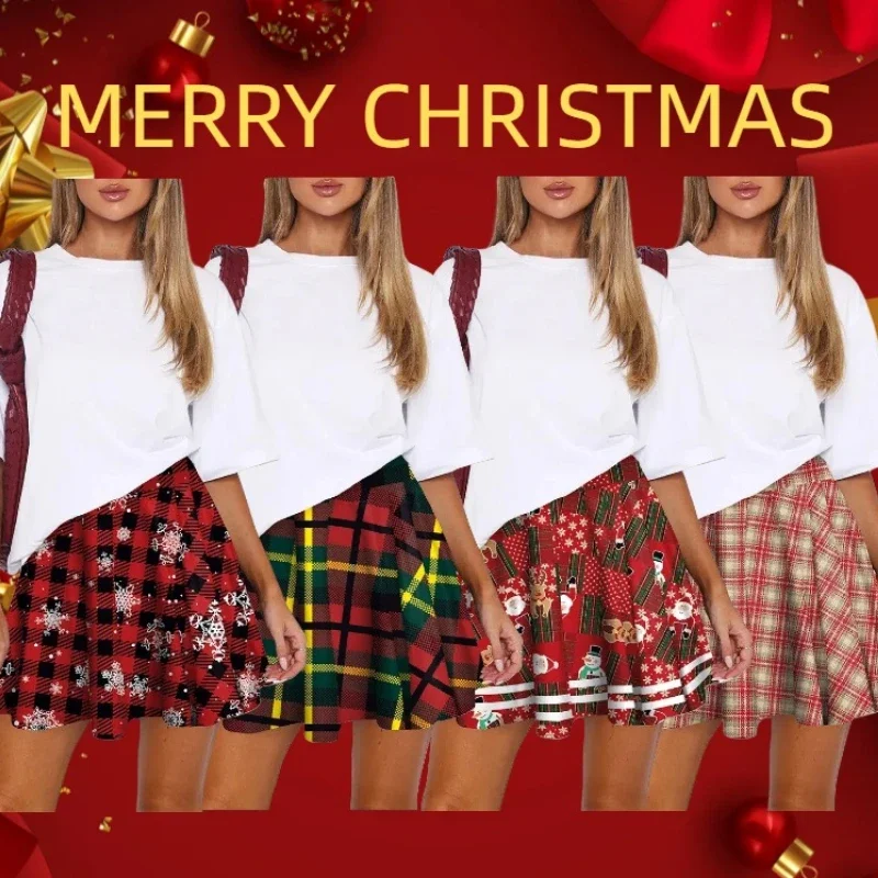 Christmas Plaid Printed Pleated Skirt 2024 Autumn Winter High Waist Cheerleading A-line Short Skirt Party Club Streetwear