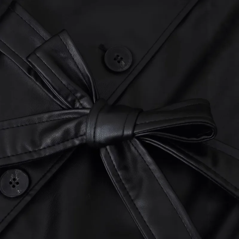 เสื้อแจ็คเก็ตหนังคุณภาพสูงสำหรับผู้หญิง พร้อมเข็มขัด แจ็คเก็ตบอมเบอร์ เสื้อโค้ทฤดูใบไม้ผลิและฤดูใบไม้ร่วง เสื้อโค้ทหนัง PU เสื้อผ้าผู้หญิง