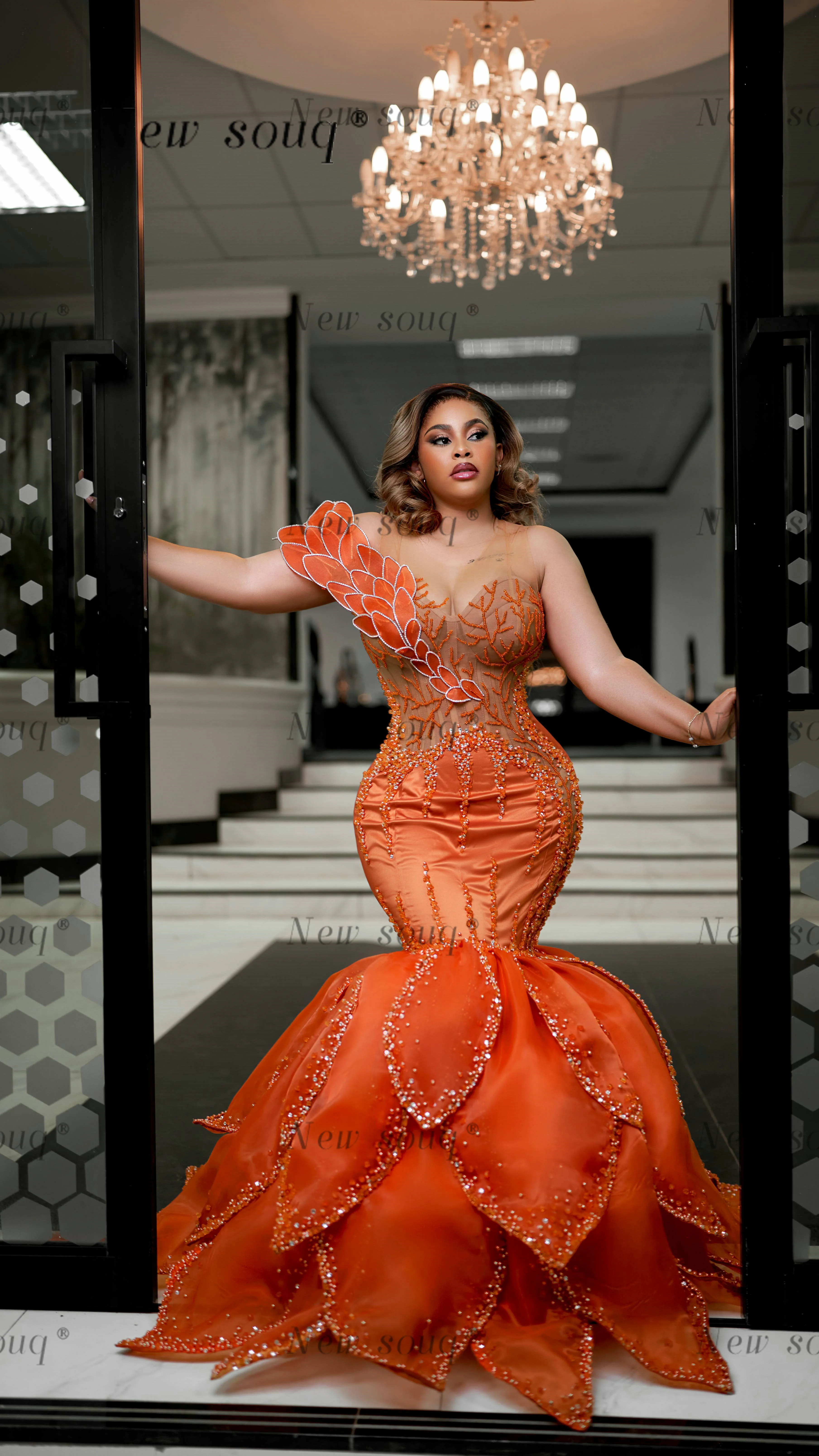 Orange Mermaid Long Evening Dresses 2024 Pearls Beaded 3D Leaf Design Sexy Sleeveless Wedding Dinner Night Party Gowns