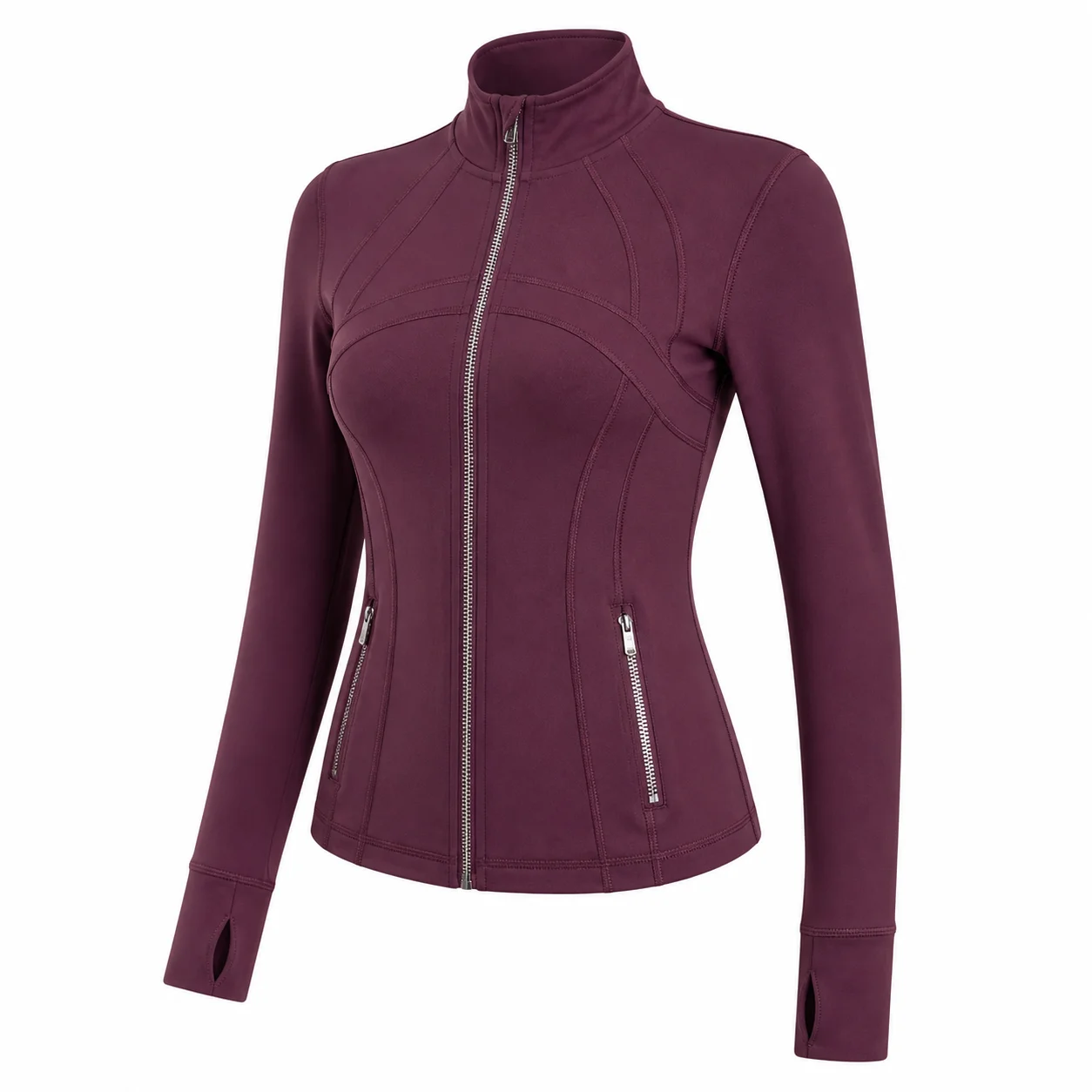 Women's Burgundy Slim Fit Full Zip Sports Jacket Stand Collar Long Sleeve Thumbhole Workout Running Yoga Outerwear