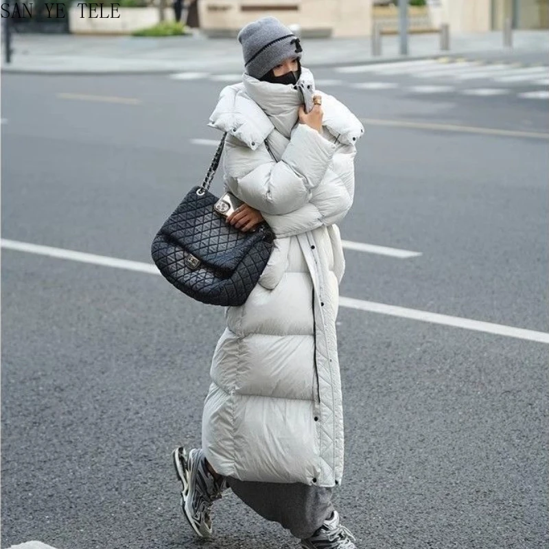 

Korean Thickened Keep Warm Women Puffer Winter Advanced Loose Stand Up Collar Hooded Knee Length Long Coat Zipper Jacket
