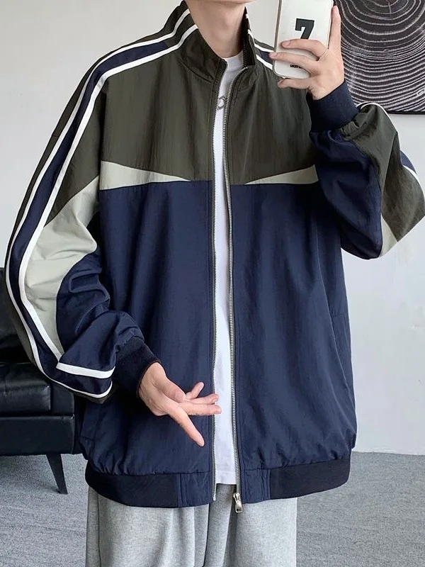 

American Casual Sports Stand Collar Jaet Men Spring Autumn Teenage Retro Color Blo Loose Zipper Coat Polyester Fabric