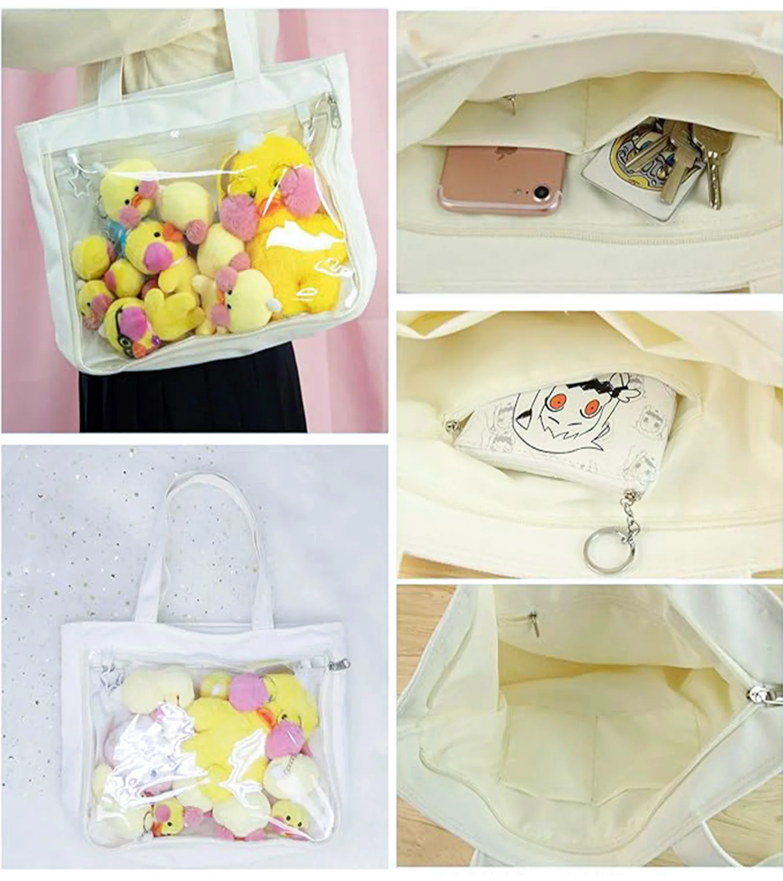 Cute Ita Shoulder Bag com PVC Transparente, Canvas Bag para Display, Cosplay e Uso Diário