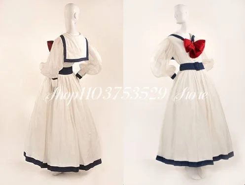 17th Century Victorian Prom Dress Blue White Round Neck Tie Bow Applique Renaissance Women's Party Dresses vestidos de gala