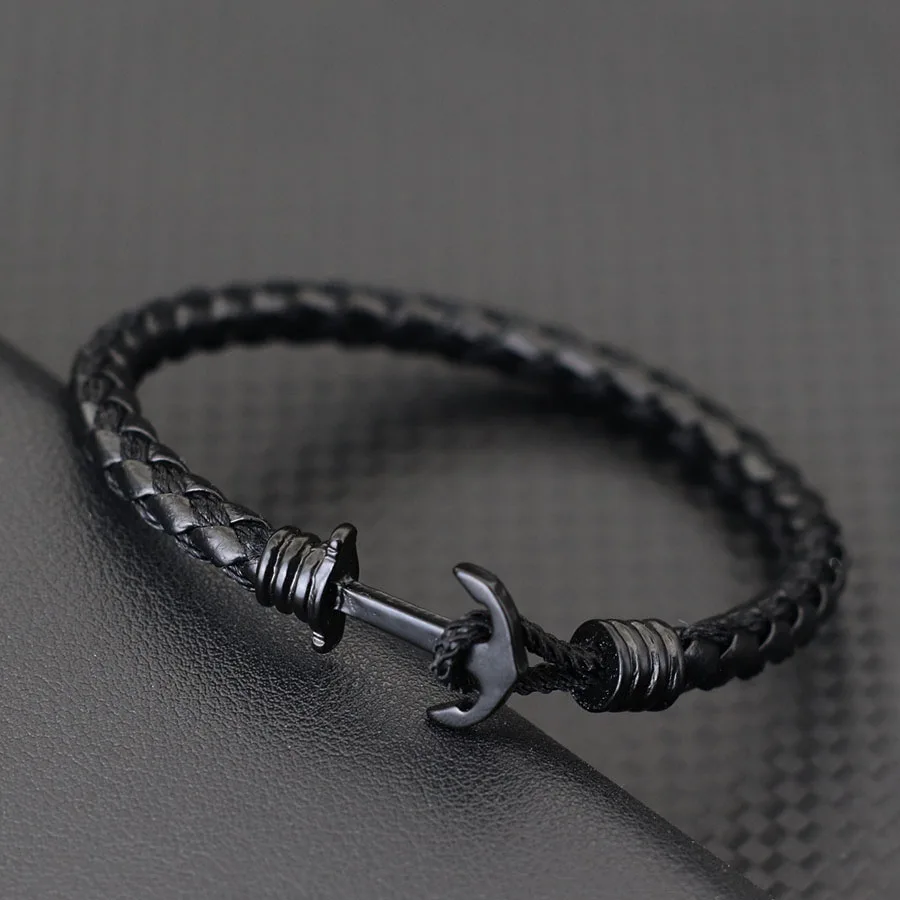 Neue Mode Männer Leder Armband Kreative Schwarz Anker Armband Nautischen Surfen Hand Zubehör In 3 Größen Punk Armreif Hombre – Detail 10