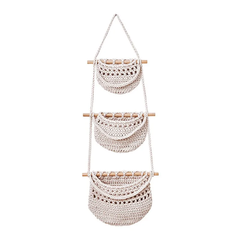 three-layer fruit hanging basket, removable wall-mounted fruit mesh pocket, simple wind-woven bag fruit and vegetable basket