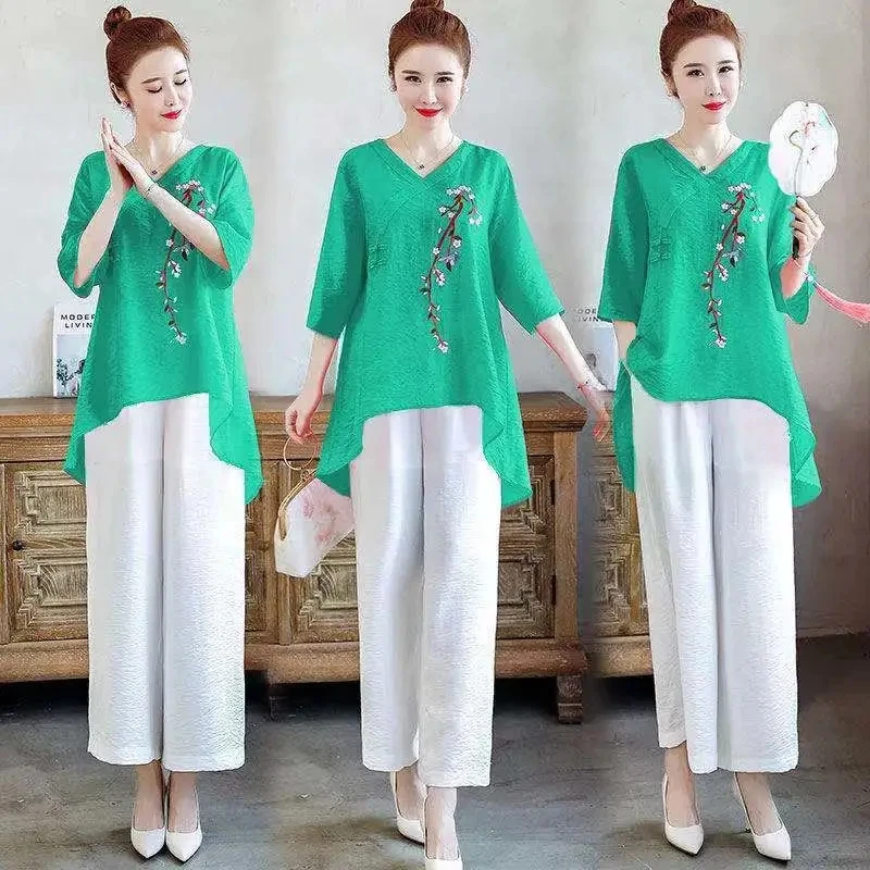 

Retro Style Female Short Sleeved Pant Set 2024 New Ladies Loose Two Piece Set Wide Leg Pants Summer Women Embroidery Ethnic Suit