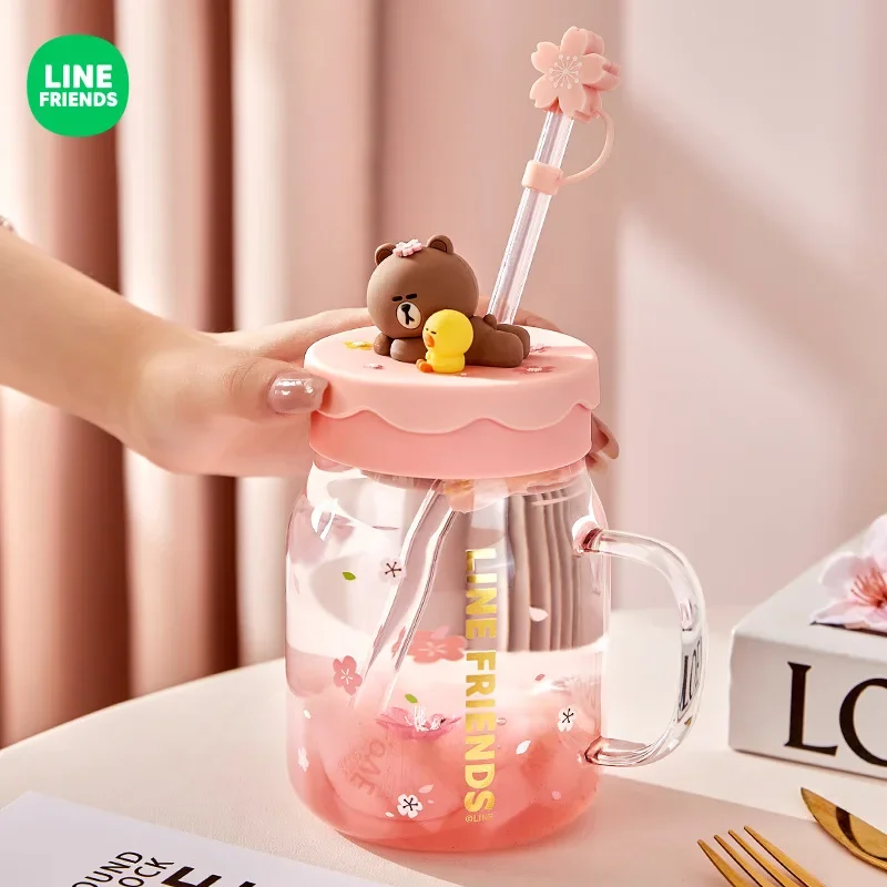 Anime 800Ml Pink Brown Bear Glass Cup Kawaii Portable Handle Water Mug with Lids Straws Fashion Sweet Juice Milk Coffee Bottle