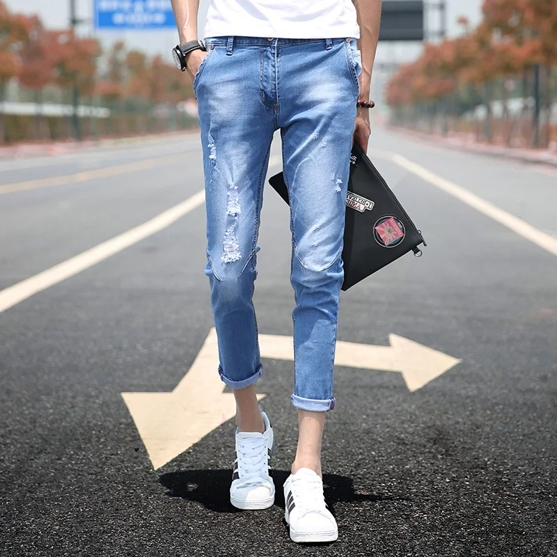 

Летние мужские джинсы-шорты Slim Fit, корейский стиль, модные, длиной 7/8, 9/10, 8/10, 7/10, мужские брюки