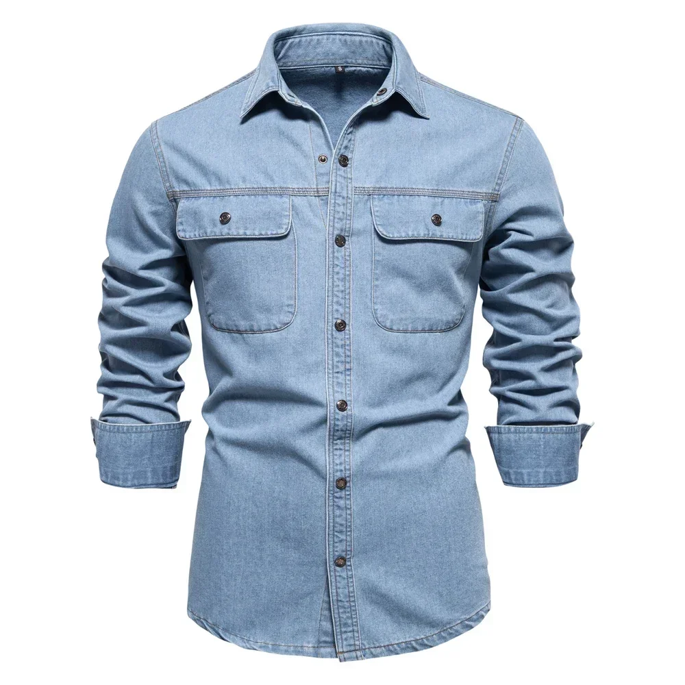 

New Autumn 100% Cotton Men's Denim Shirts Solid Color Long Sleeve Cowboy Jean T-Shirt Coat Fashion Casual Fit Shirts for Men