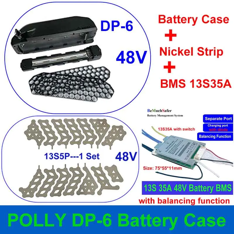 POLLY DP-6 E-Bike Battery Case 36V 48V 52V 60V Parts Fit 70PCS 18650 Cell Empty Box Nickel Strip 10S 13S 14S 30A BMS for DIY DP6