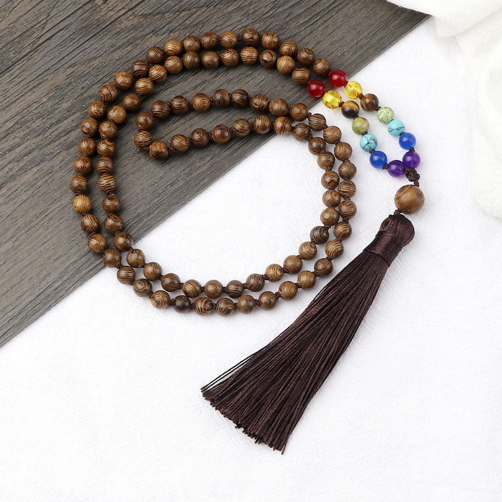 7 Chakra Necklace for Women Men 6mm 108 Japamala Wooden Beads Necklaces Handmade Long Tassel Buddhist Prayer Yoga Rosary Jewelry